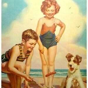 Children Terrier Dog Puppy Seagulls On Beach Art Print Vintage 1940s Ocean Waves